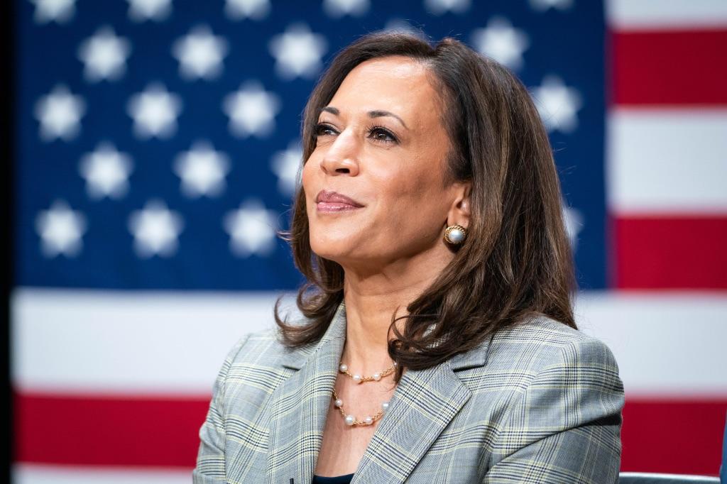 Kamala Harris in front of an American flag.